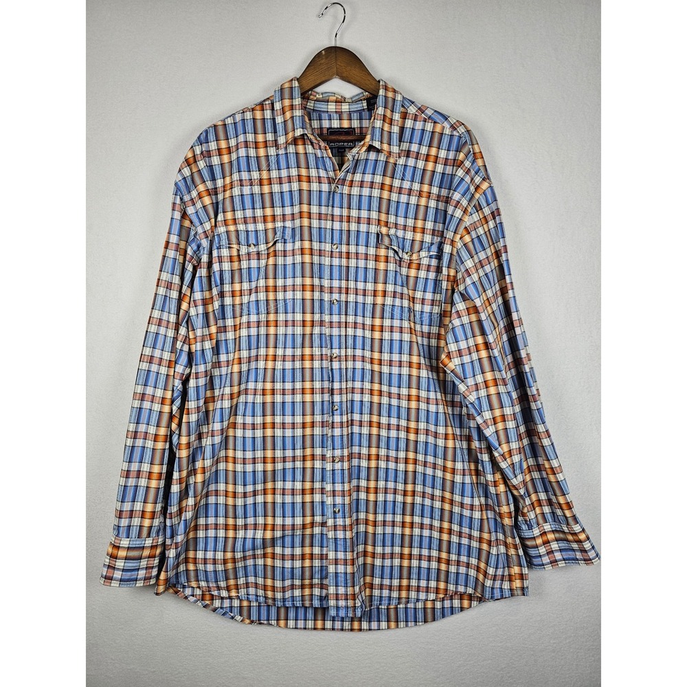 Western Roper Pearl Snap Shirt Mens 2XLT Blue Orange Plaid Cotton Long Sleeve